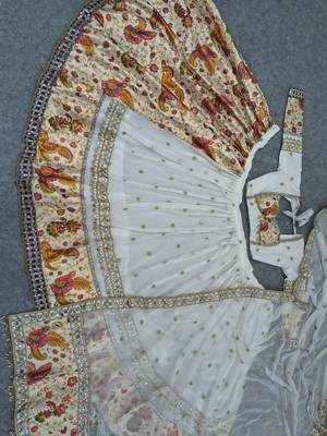 White Color Sequins,Foil Mirror,Zari Gotta Satin With Print Work Faux Georgette Lehenga Choli  5
