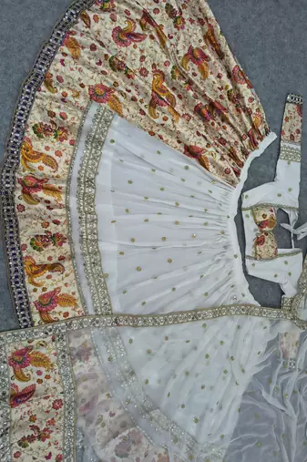 White Color Sequins,Foil Mirror,Zari Gotta Satin With Print Work Faux Georgette Lehenga Choli 