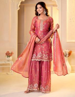 pink fandy silk   party  embroidery wear  sharara suit set 1
