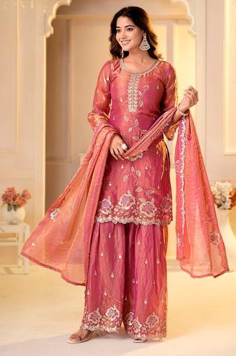 pink fandy silk   party  embroidery wear  sharara suit set