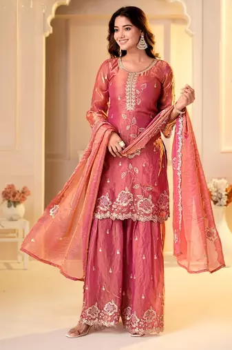 pink fandy silk   party  embroidery wear  sharara suit set