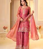 pink fandy silk   party  embroidery wear  sharara suit set