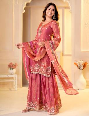 pink fandy silk   party  embroidery wear  sharara suit set 2