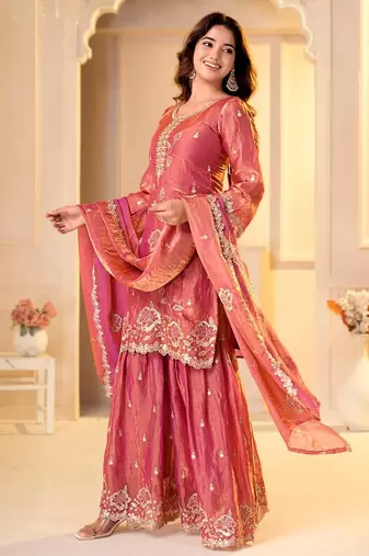 pink fandy silk   party  embroidery wear  sharara suit set