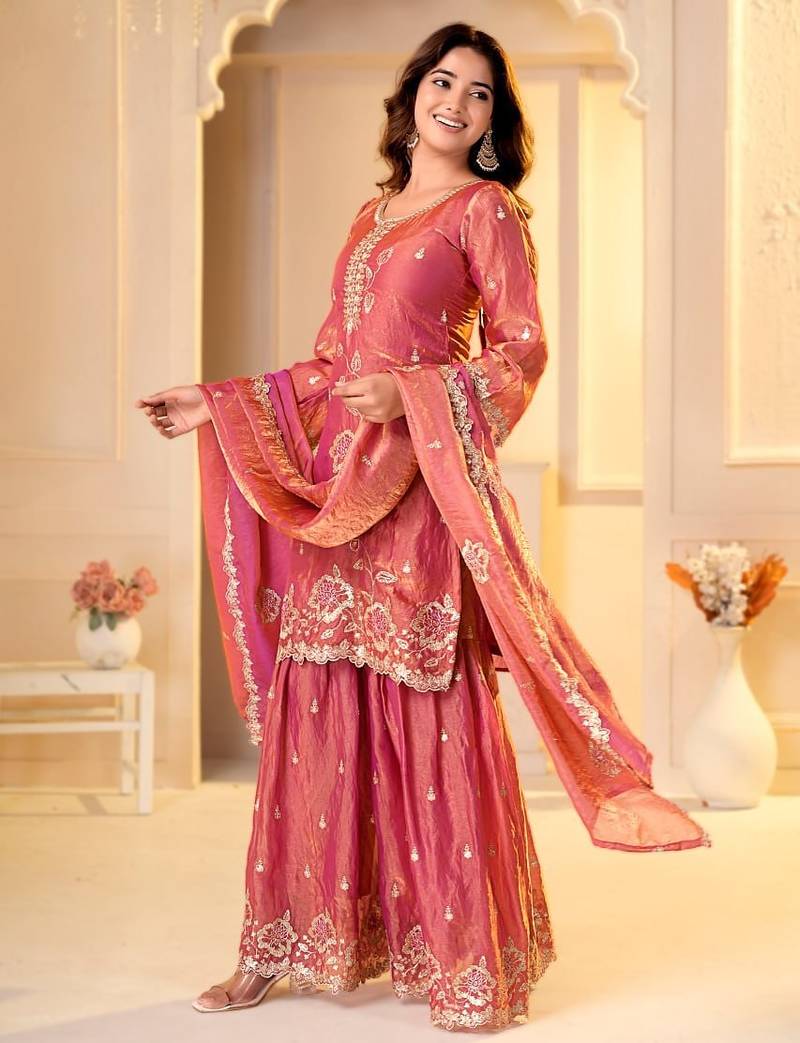 pink fandy silk   party  embroidery wear  sharara suit set