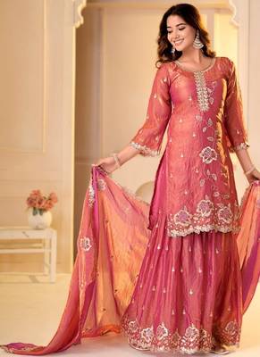 pink fandy silk   party  embroidery wear  sharara suit set 3