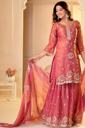 pink fandy silk   party  embroidery wear  sharara suit set