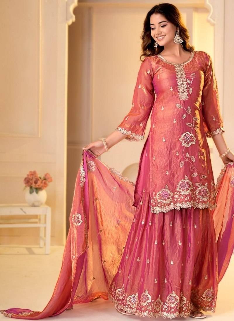 pink fandy silk   party  embroidery wear  sharara suit set