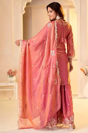 pink fandy silk   party  embroidery wear  sharara suit set