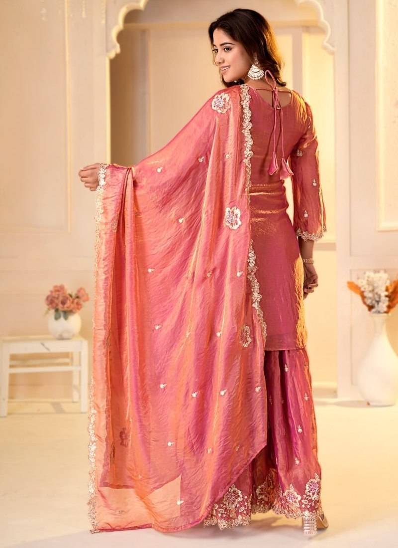 pink fandy silk   party  embroidery wear  sharara suit set