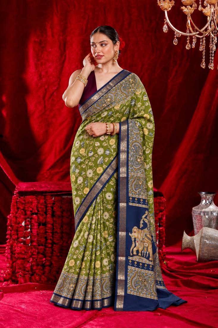 veda pure kalamkari kora saree hand embroidery