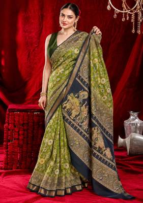 veda pure kalamkari kora saree hand embroidery 2
