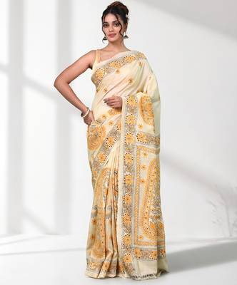 beige kantha stitch bangalore silk blend soft saree 5
