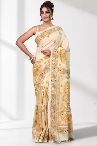 beige kantha stitch bangalore silk blend soft saree