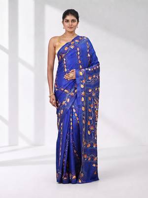 Blue silk blend kantha stitch saree with multicolor thread work 5
