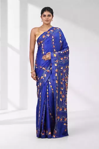 Blue silk blend kantha stitch saree with multicolor thread work
