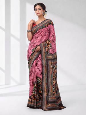 pink and black bangalore silk blend kantha stitch handwoven saree 5