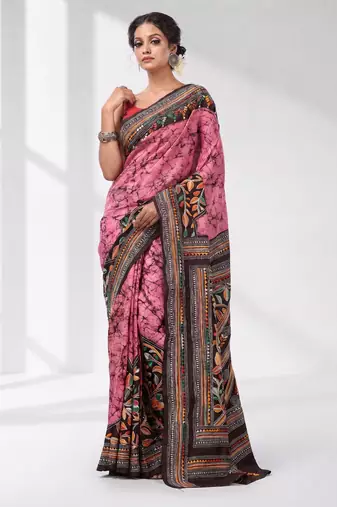 pink and black bangalore silk blend kantha stitch handwoven saree