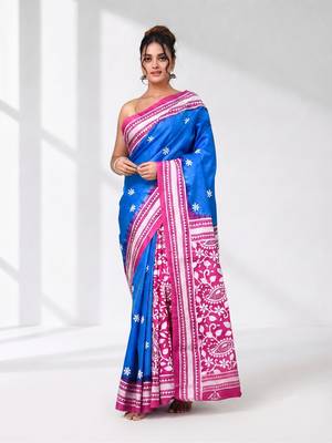 sky blue kantha stitch bangalore silk blend soft saree 5