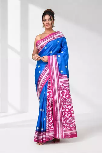 sky blue kantha stitch bangalore silk blend soft saree