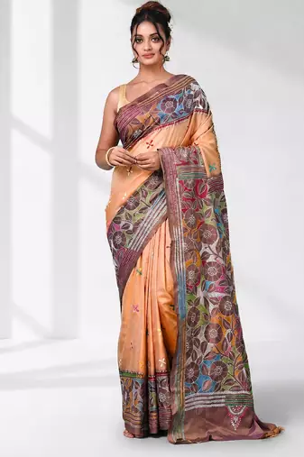 peach kantha stitch silk blend soft saree