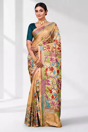 beige kantha stitch silk blend soft saree