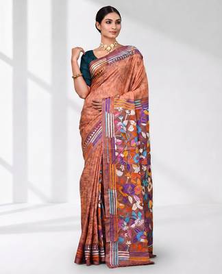 peach kantha stitch silk blend soft saree 5