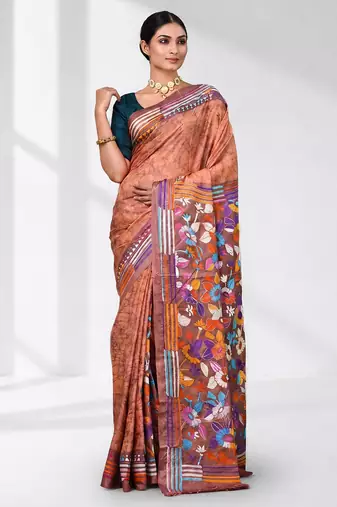 peach kantha stitch silk blend soft saree