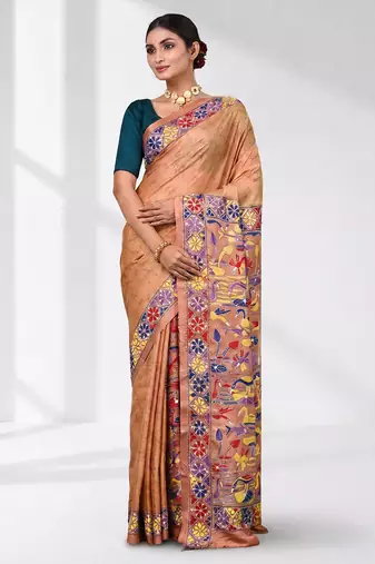 peach kantha stitch silk blend soft saree