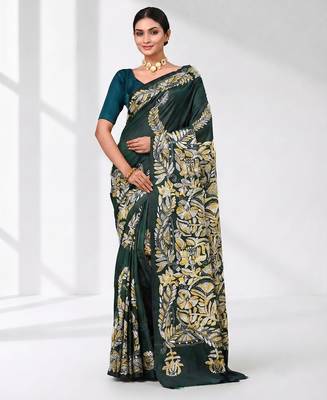 green kantha stitch silk blend soft saree 5