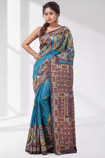 sky blue and grey kantha stitch handwoven saree
