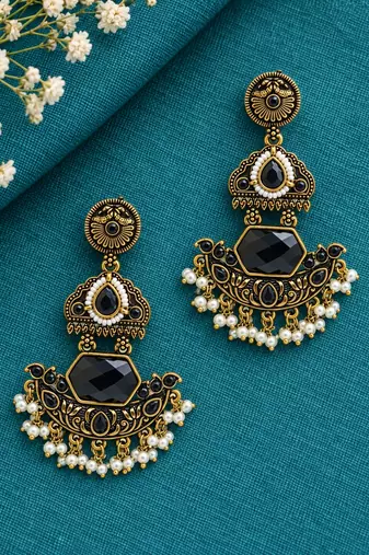 Gold oxidized black stone chandbali earrings