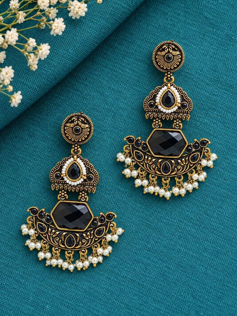 Gold oxidized black stone chandbali earrings