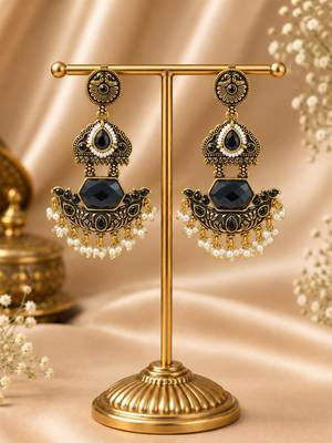 Gold oxidized black stone chandbali earrings 2