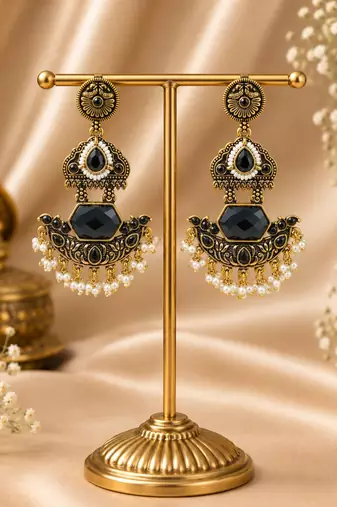 Gold oxidized black stone chandbali earrings