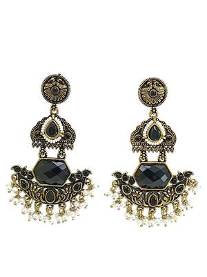 Gold oxidized black stone chandbali earrings 3