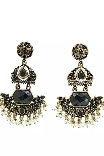 Gold oxidized black stone chandbali earrings