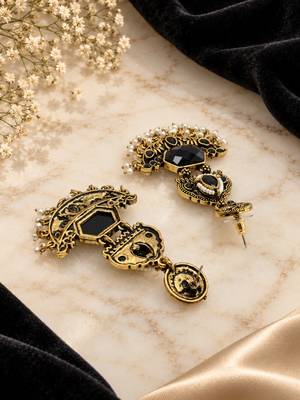 Gold oxidized black stone chandbali earrings 4