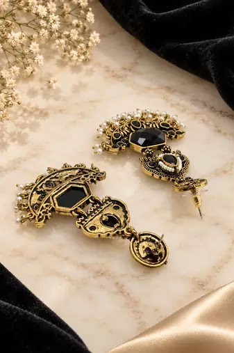 Gold oxidized black stone chandbali earrings