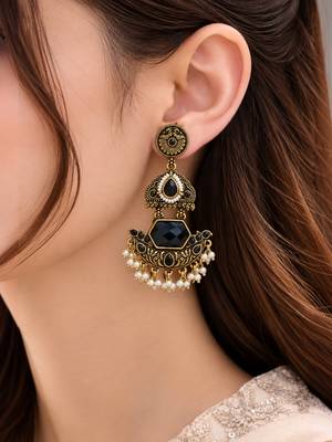 Gold oxidized black stone chandbali earrings 5