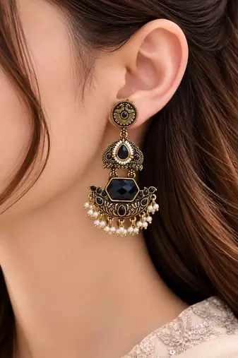 Gold oxidized black stone chandbali earrings