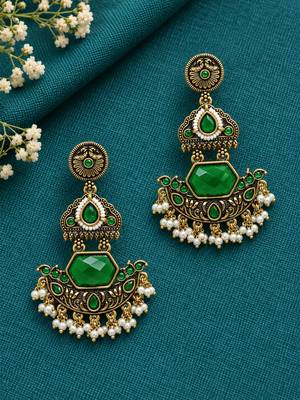 Gold oxidized green stone chandbali earrings 1