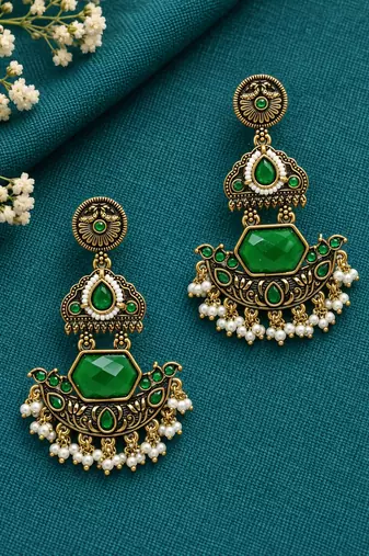 Gold oxidized green stone chandbali earrings