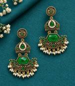 Gold oxidized green stone chandbali earrings
