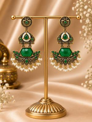 Gold oxidized green stone chandbali earrings 2