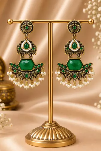 Gold oxidized green stone chandbali earrings