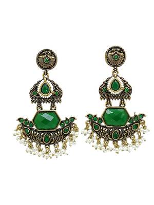 Gold oxidized green stone chandbali earrings 3