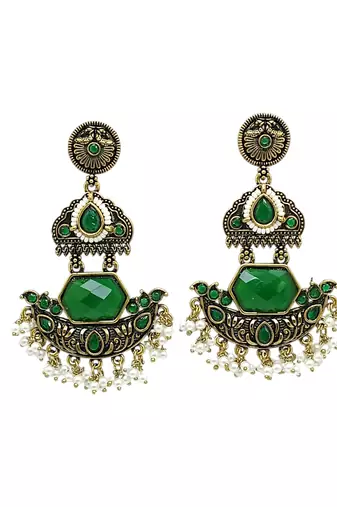 Gold oxidized green stone chandbali earrings