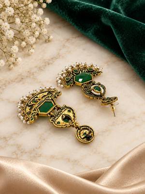 Gold oxidized green stone chandbali earrings 4