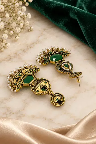 Gold oxidized green stone chandbali earrings